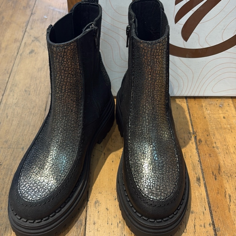 Black And Metallic Chunky Lug Sole Zip Ankle Boots By Casta Of Portugal. Nib